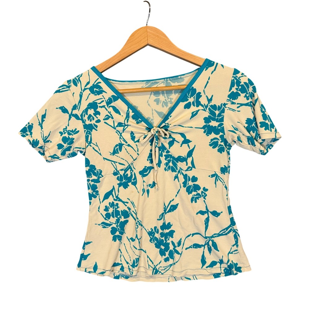 Floral Tie Front Top Womens Small Teal Blue Cream V-Neck Retro Y2K Front Tie